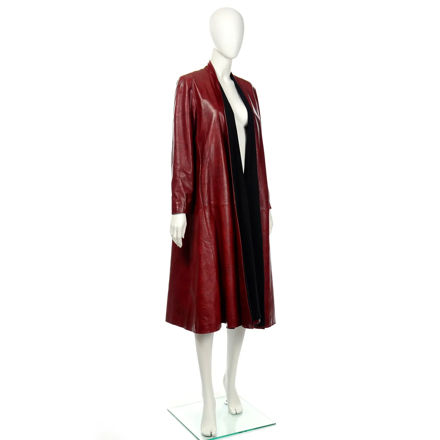 1990s Donna Karan Oxblood Leather Swing Coat w Wool Lining