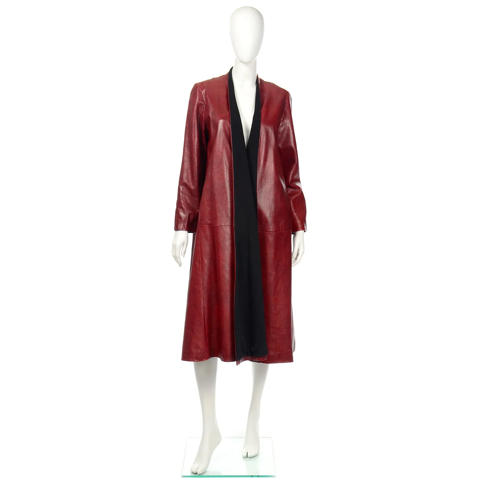 1990s Donna Karan Oxblood Leather Swing Coat w Wool Lining