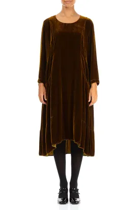 A-Line Golden Olive Silk Velvet Dress