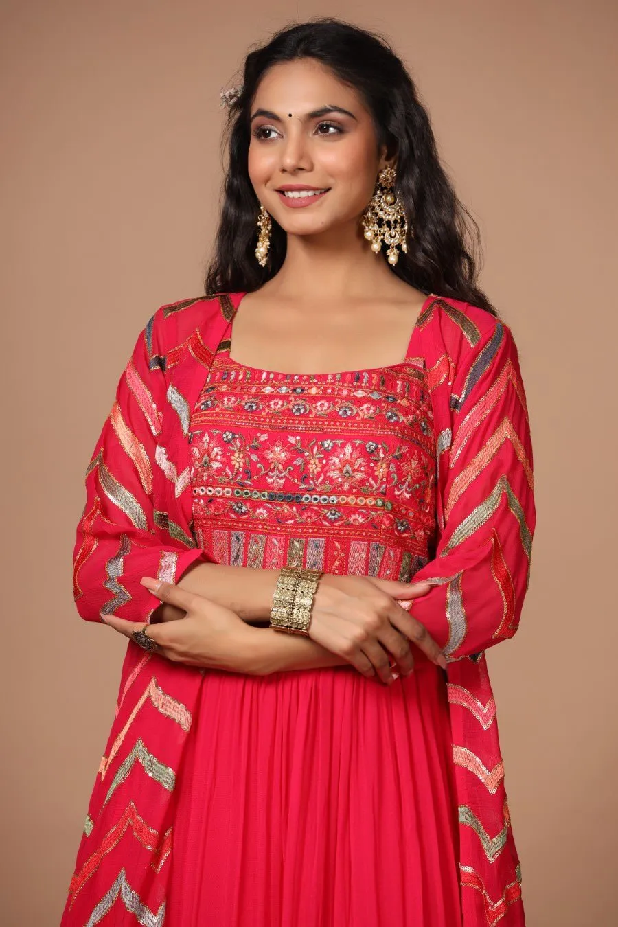 Alluring Rani Pink Resham Embroidered Dress with Cape