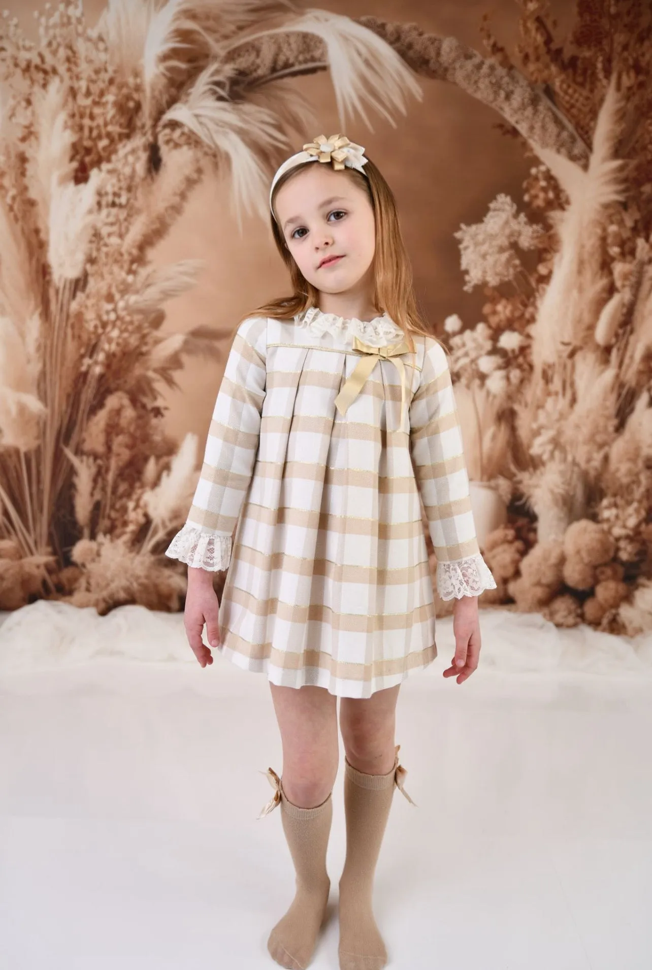 AW24 Rochy Girls Camel & White Lace Collar Dress