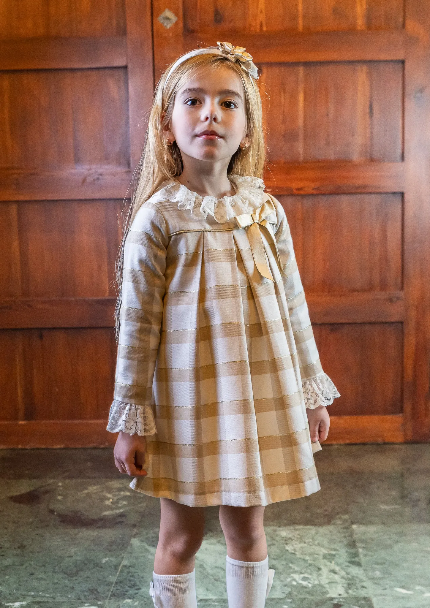 AW24 Rochy Girls Camel & White Lace Collar Dress