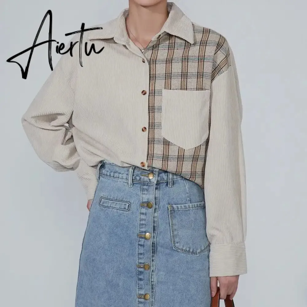 Awen Corduroy Splicing Plaid Shirt for Women Man Fashion Oversized Loose Cardigan Soft Corduroy Korean Lattice Blouse Jacket Top