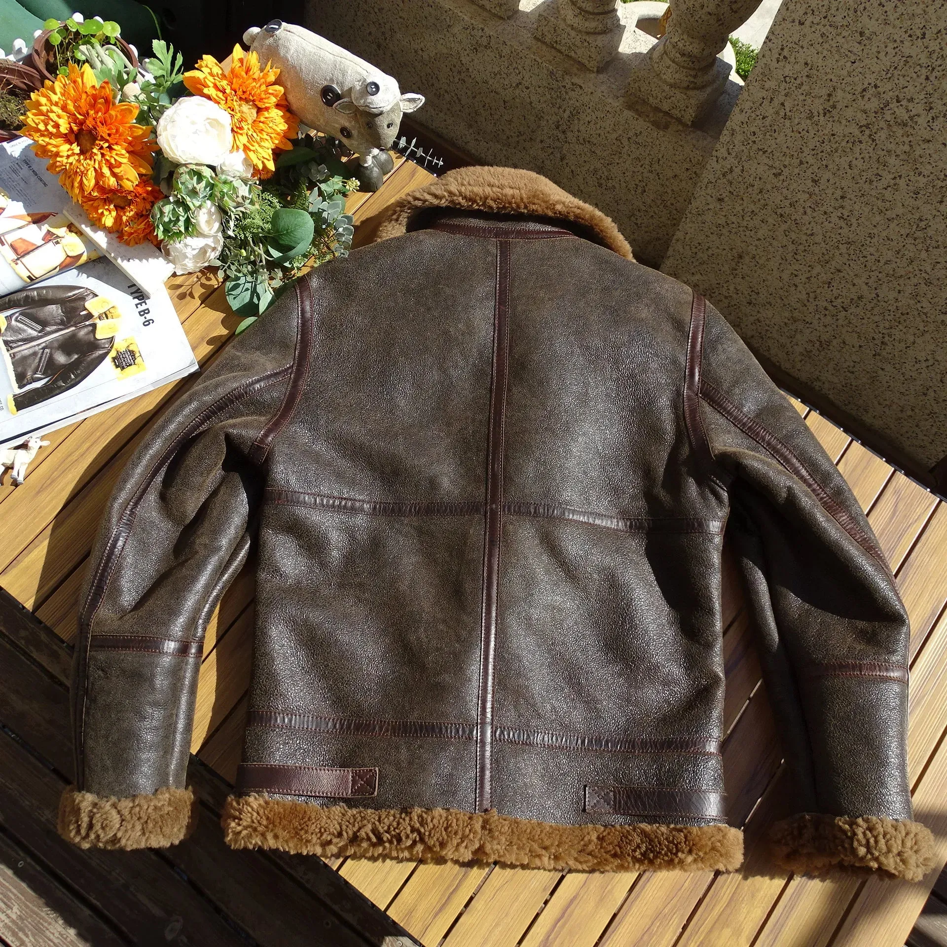 B6 Bomer Leather Jacket for Men - Military Style Shearling Coat