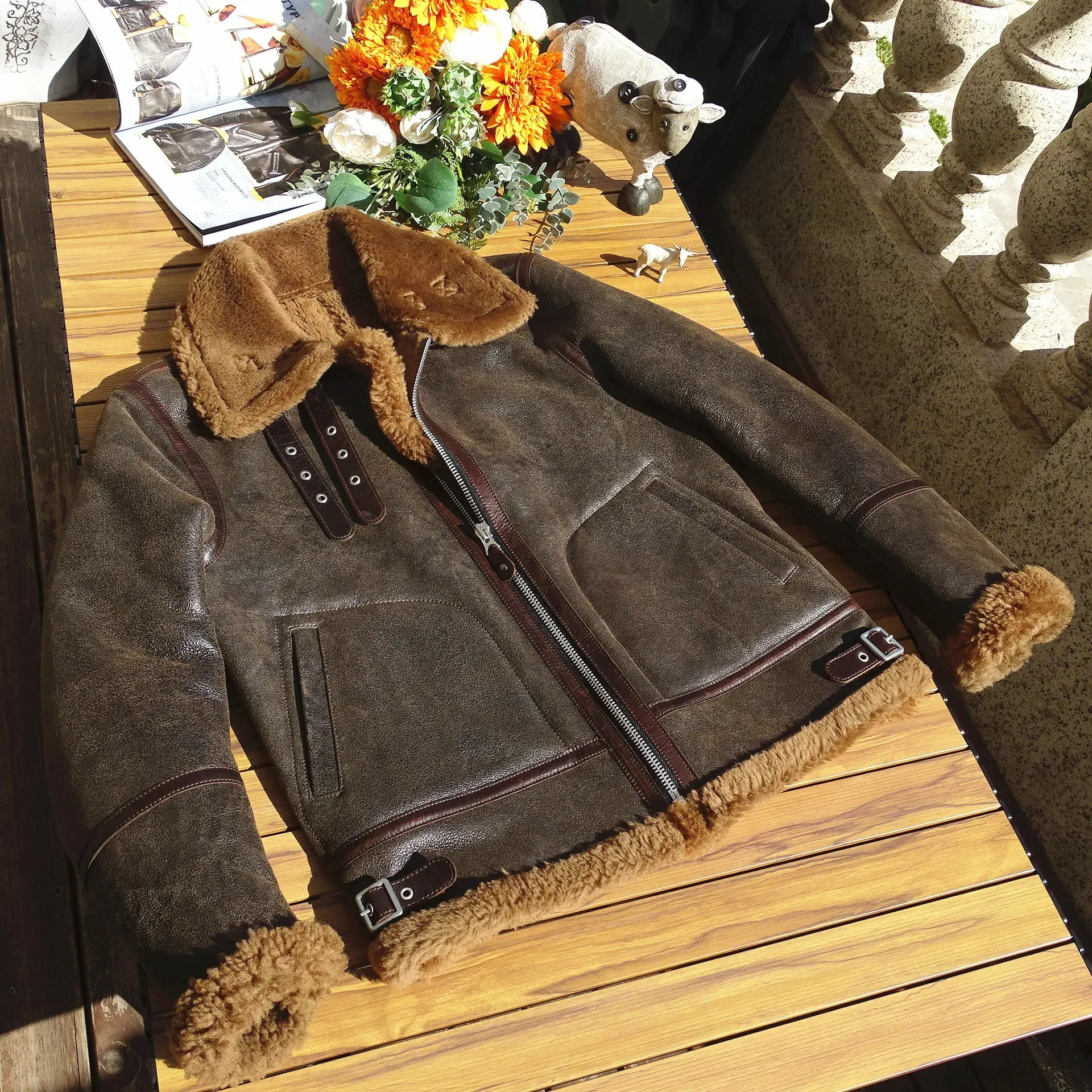 B6 Bomer Leather Jacket for Men - Military Style Shearling Coat