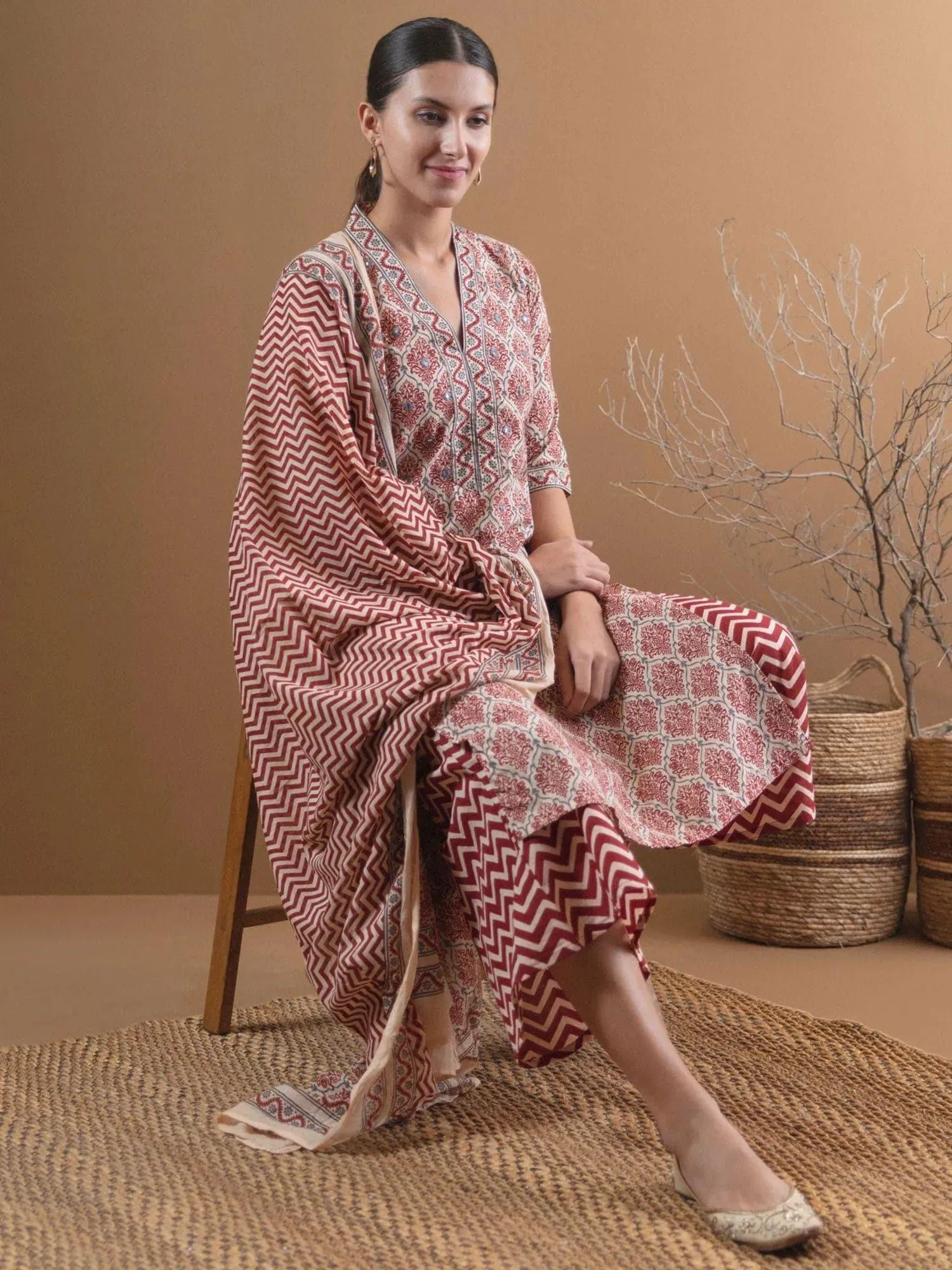 Beige Printed Cotton Straight Kurta With Palazzos & Dupatta