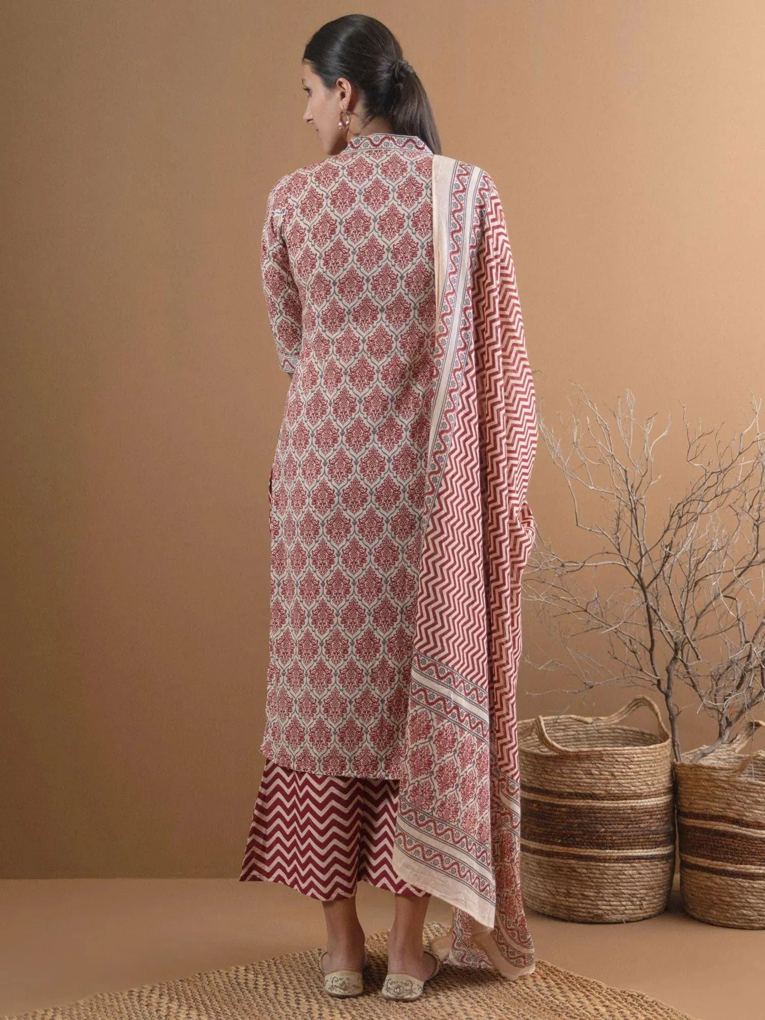 Beige Printed Cotton Straight Kurta With Palazzos & Dupatta