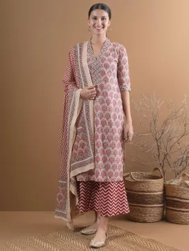 Beige Printed Cotton Straight Kurta With Palazzos & Dupatta