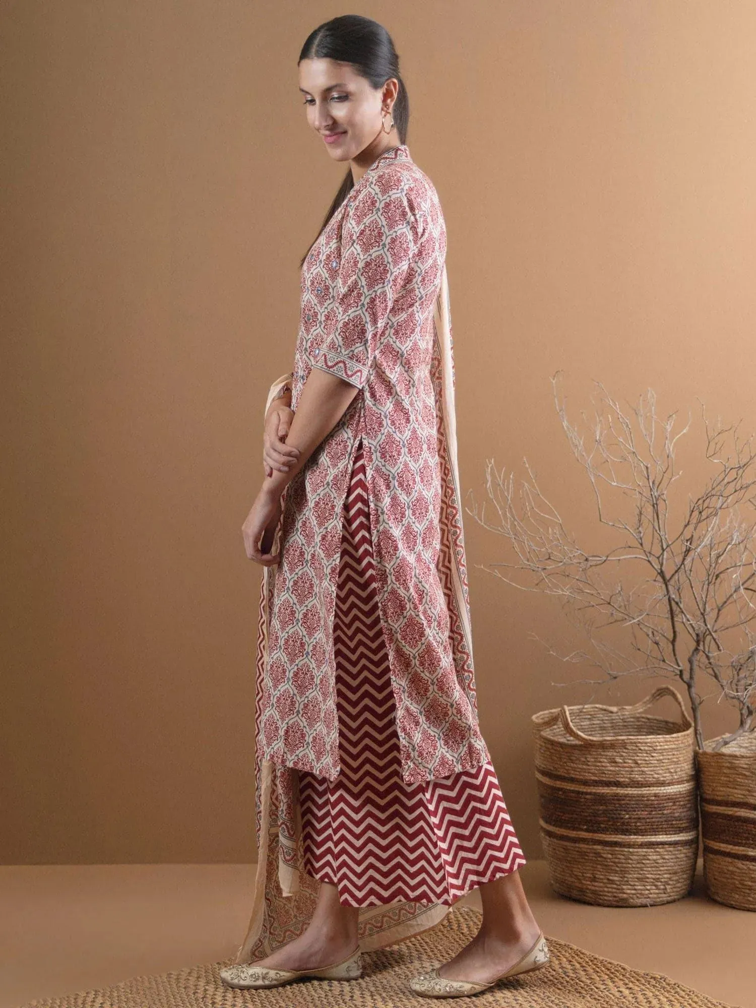 Beige Printed Cotton Straight Kurta With Palazzos & Dupatta