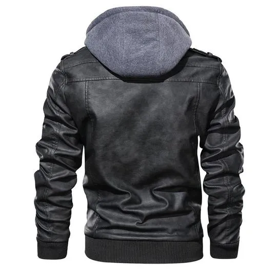 Black Lambskin Leather Jacket with Removable Hood Mens