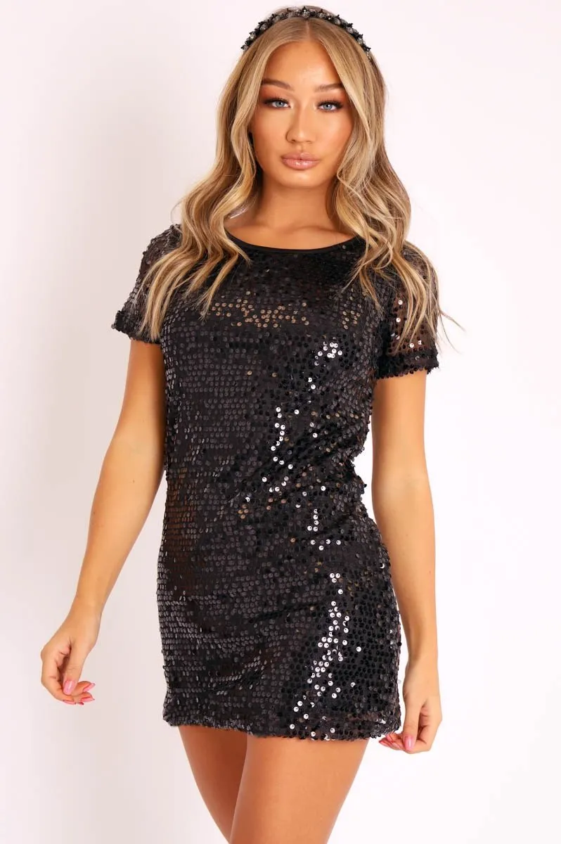 Black Sequin Embellished T-shirt Dress - Coralea