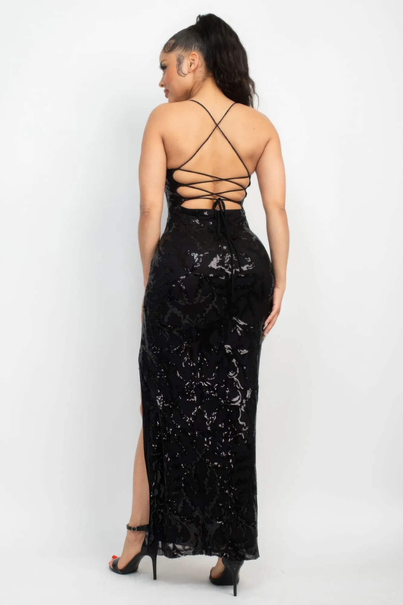 Black Sequin Open Back Maxi Dress Women's Sexy Gown backless crisscross Tie High Slit Long Dress