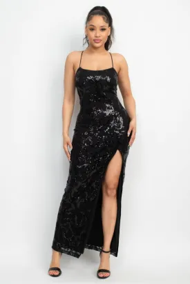 Black Sequin Open Back Maxi Dress Women's Sexy Gown backless crisscross Tie High Slit Long Dress