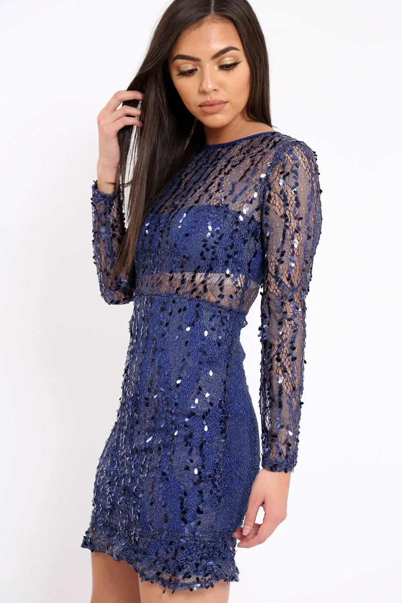 Blue Sheer Sequin Dress - Aaima