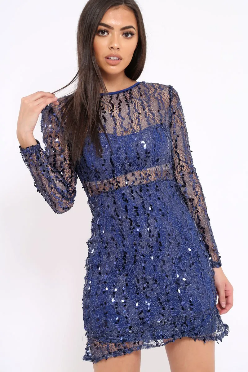 Blue Sheer Sequin Dress - Aaima