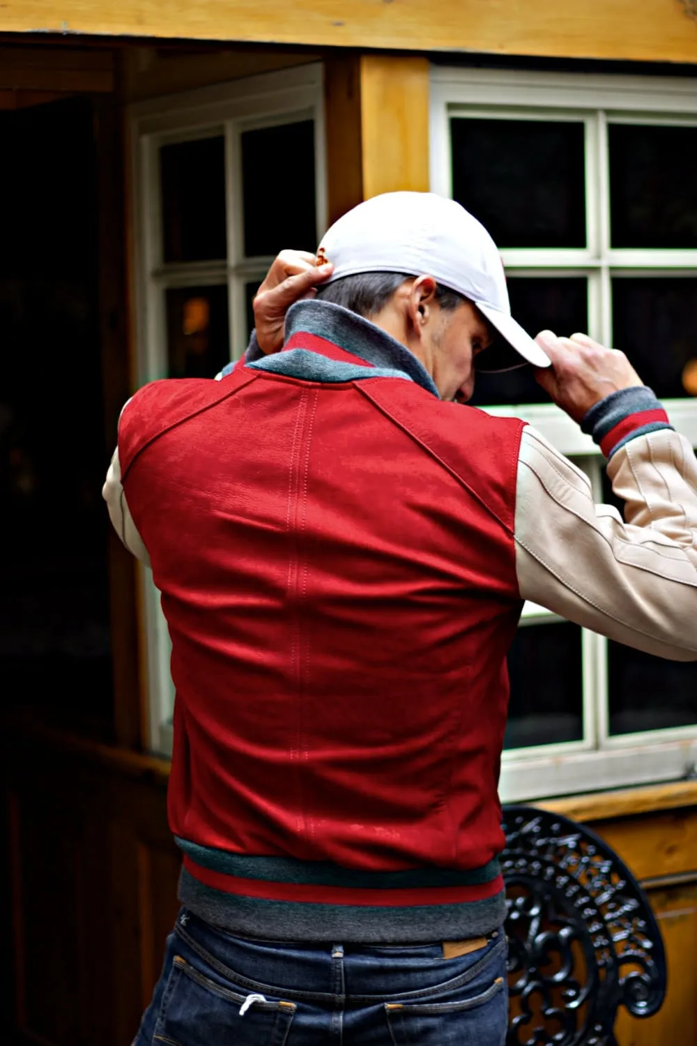 BOSTON 80 Leather Buffalo Varsity Jacket - Red & Ivory Stripes Raw Code