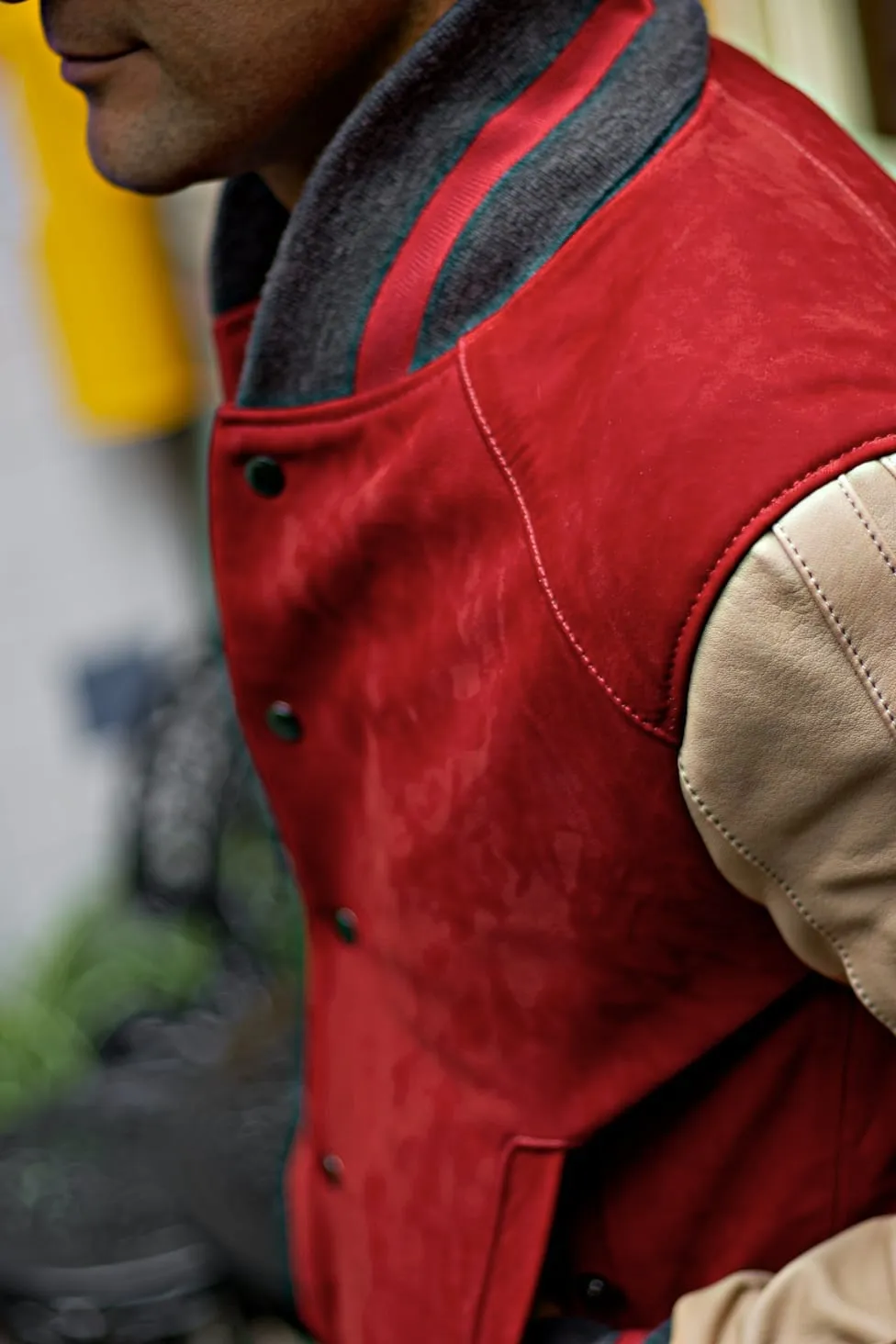 BOSTON 80 Leather Buffalo Varsity Jacket - Red & Ivory Stripes Raw Code