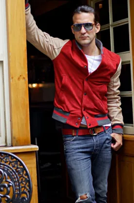 BOSTON 80 Leather Buffalo Varsity Jacket - Red & Ivory Stripes Raw Code