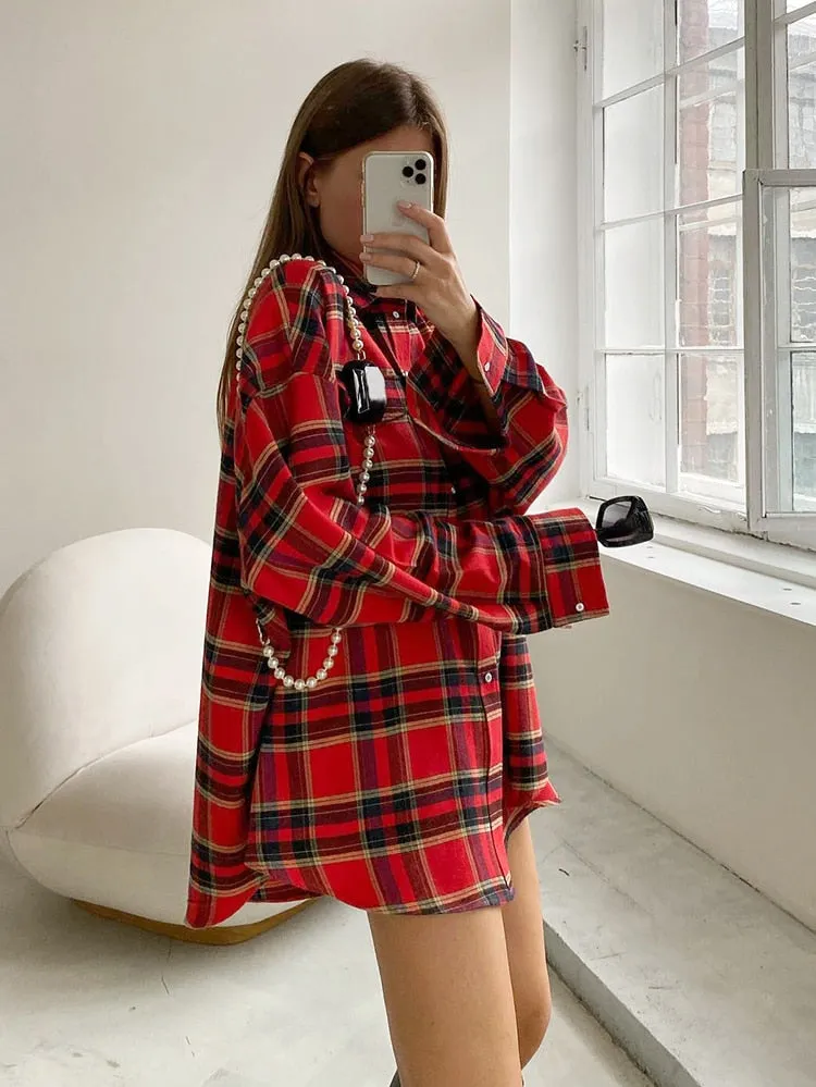 Bright Gingham Oversized Shirts For Women Street Style Casual Shacket Blouses And Tops Single-Breasted Spring 2023