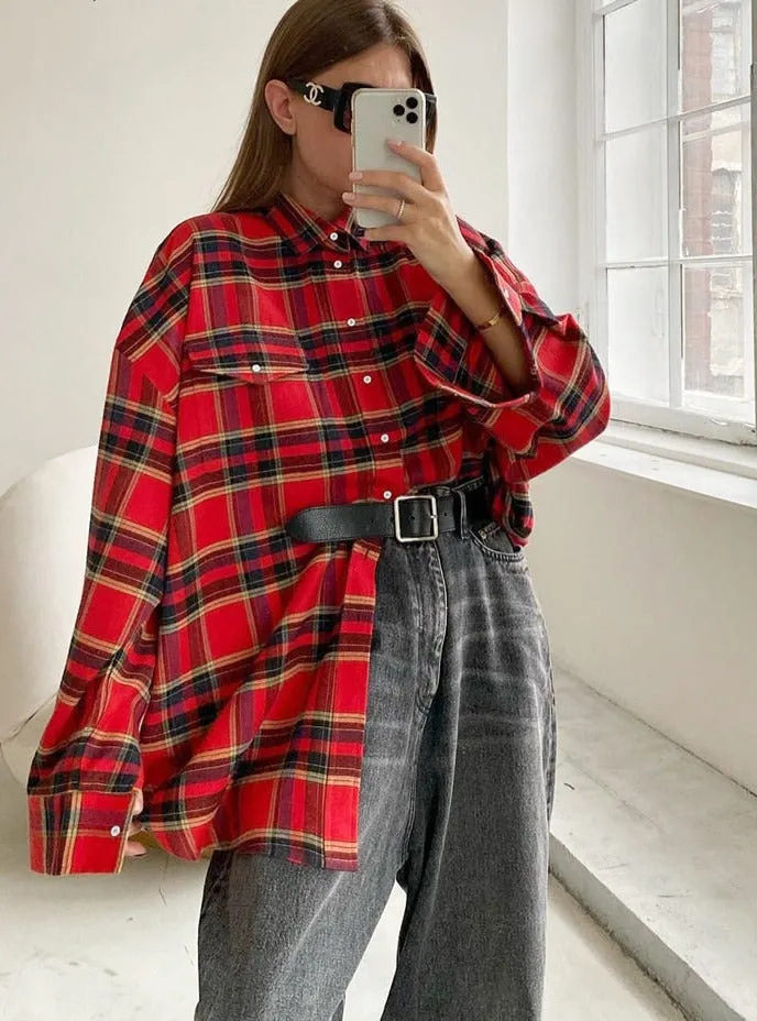 Bright Gingham Oversized Shirts For Women Street Style Casual Shacket Blouses And Tops Single-Breasted Spring 2023