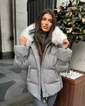 Camille Short Faux Fur Trim Puffer Coat- Grey