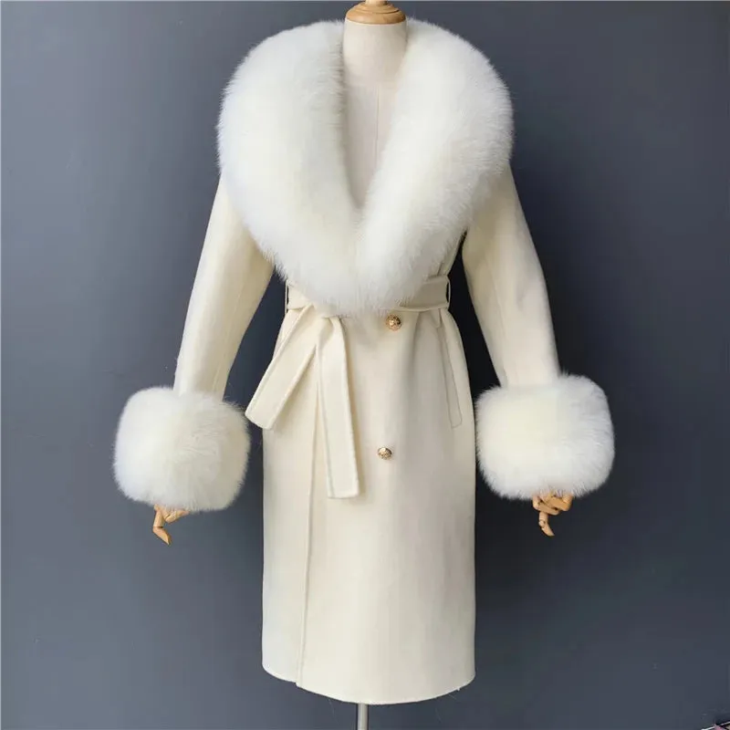 Cashmere Wool Coat with Genuine Fox Fur Trim