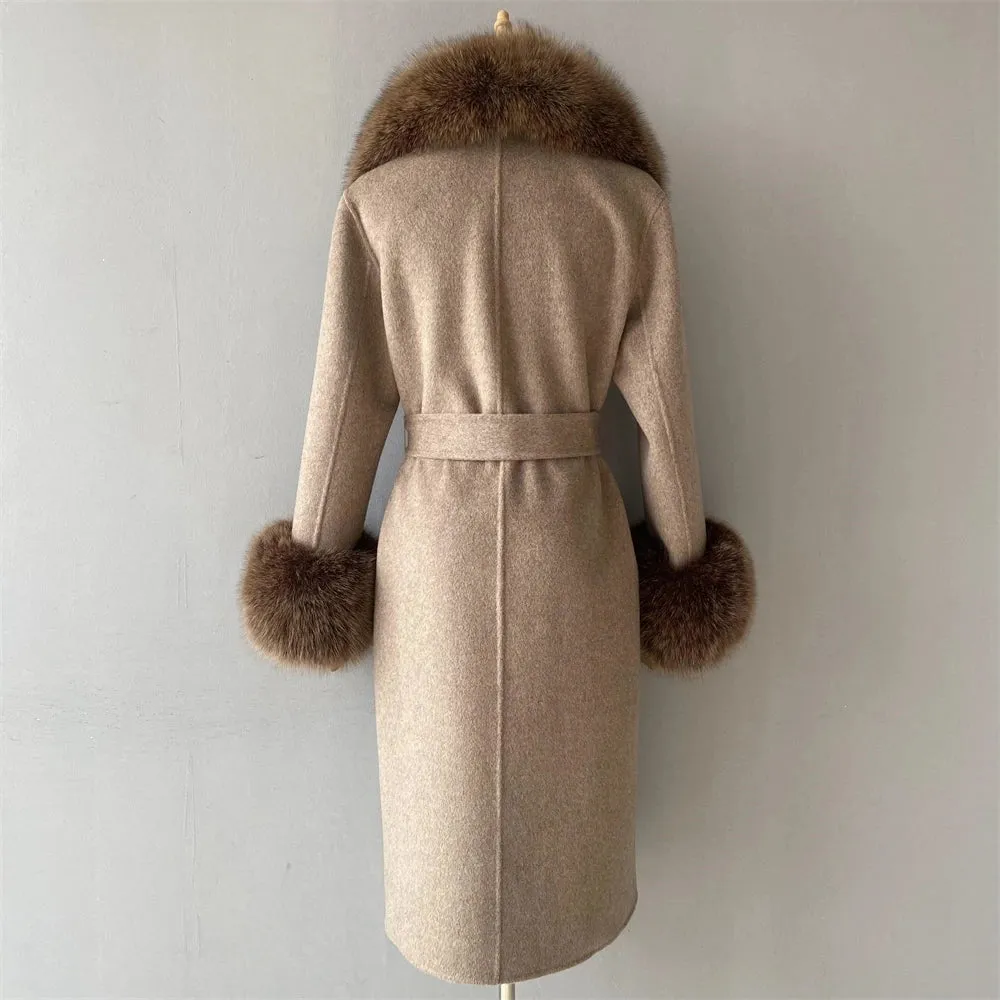 Cashmere Wool Coat with Genuine Fox Fur Trim