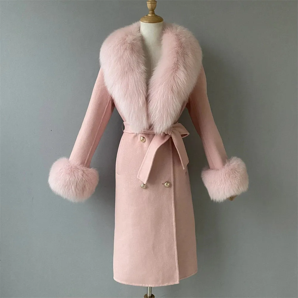 Cashmere Wool Coat with Genuine Fox Fur Trim