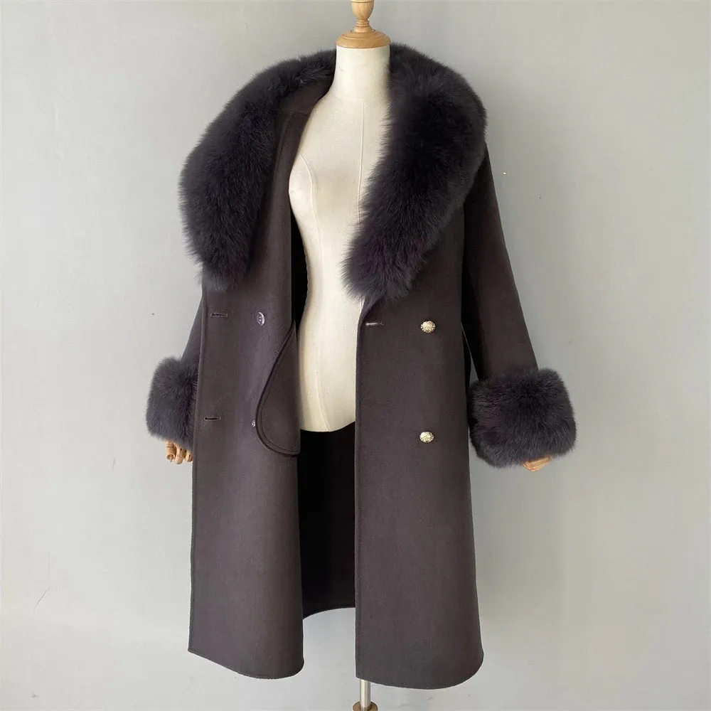 Cashmere Wool Coat with Genuine Fox Fur Trim