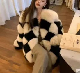 Checkerboard Faux Stylish Fur Coat