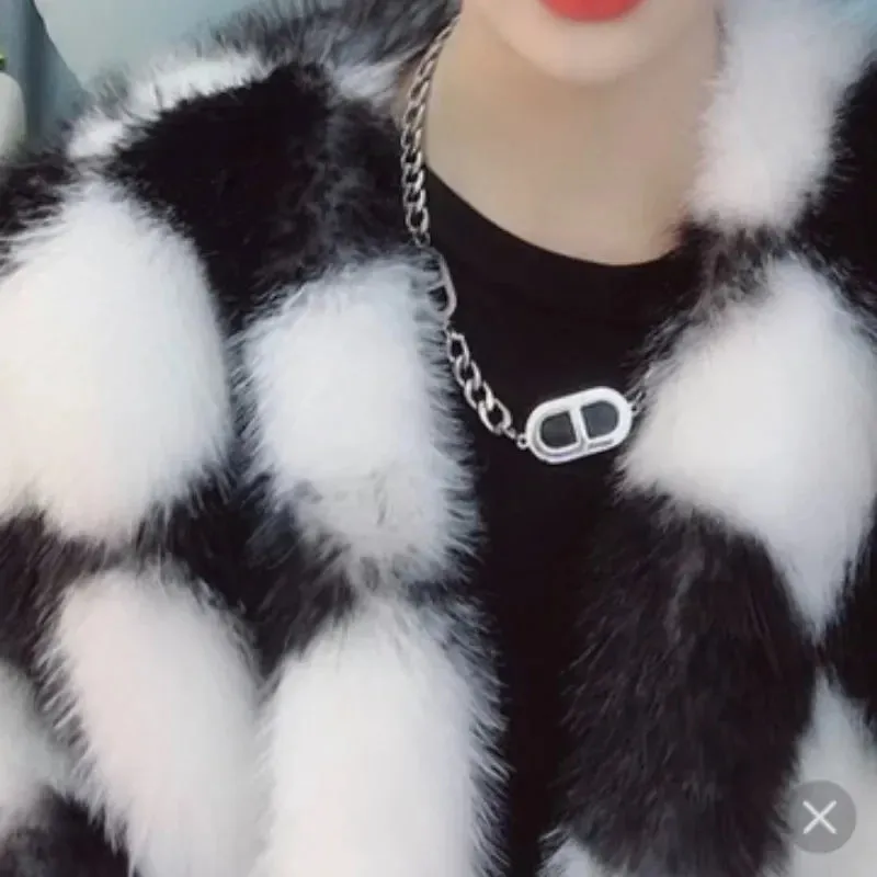 Checkerboard Faux Stylish Fur Coat