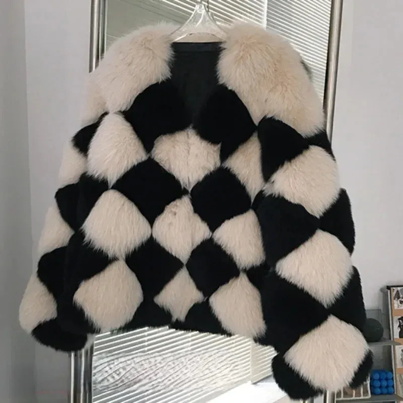 Checkerboard Faux Stylish Fur Coat