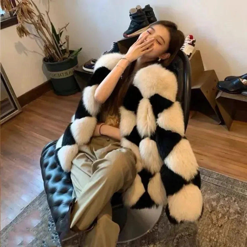 Checkerboard Faux Stylish Fur Coat