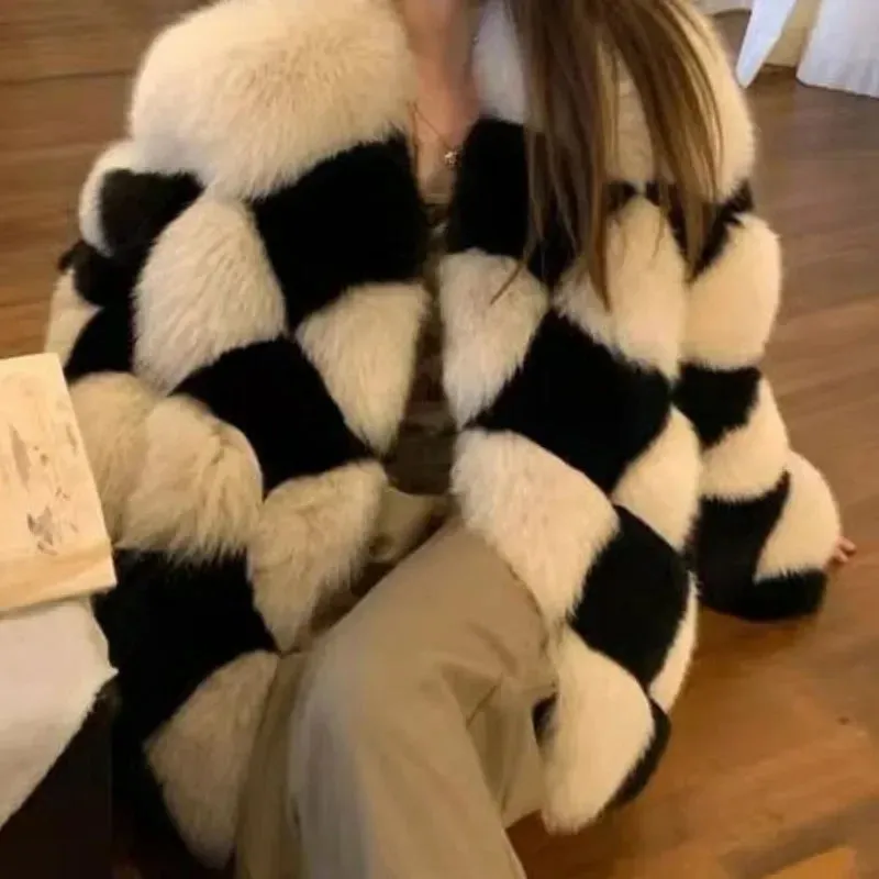 Checkerboard Faux Stylish Fur Coat