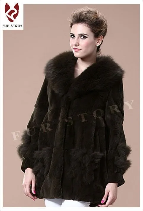 Coats for Women REX Rabbit Fur Coat Fox Fur Collar Jacket Overcoat 010105