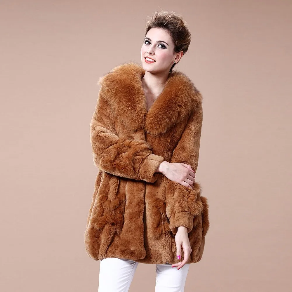 Coats for Women REX Rabbit Fur Coat Fox Fur Collar Jacket Overcoat 010105