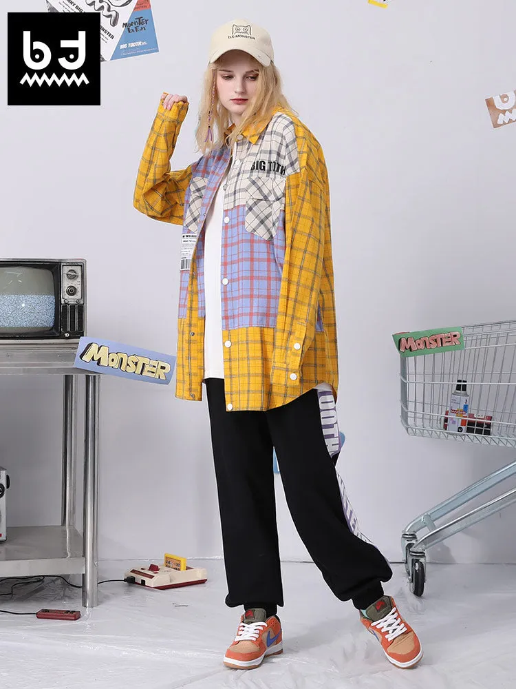 Color contrast patchwork Bigtooth print label irregular hem plaid shirt