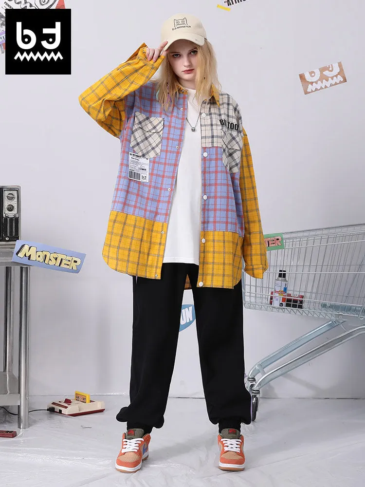 Color contrast patchwork Bigtooth print label irregular hem plaid shirt