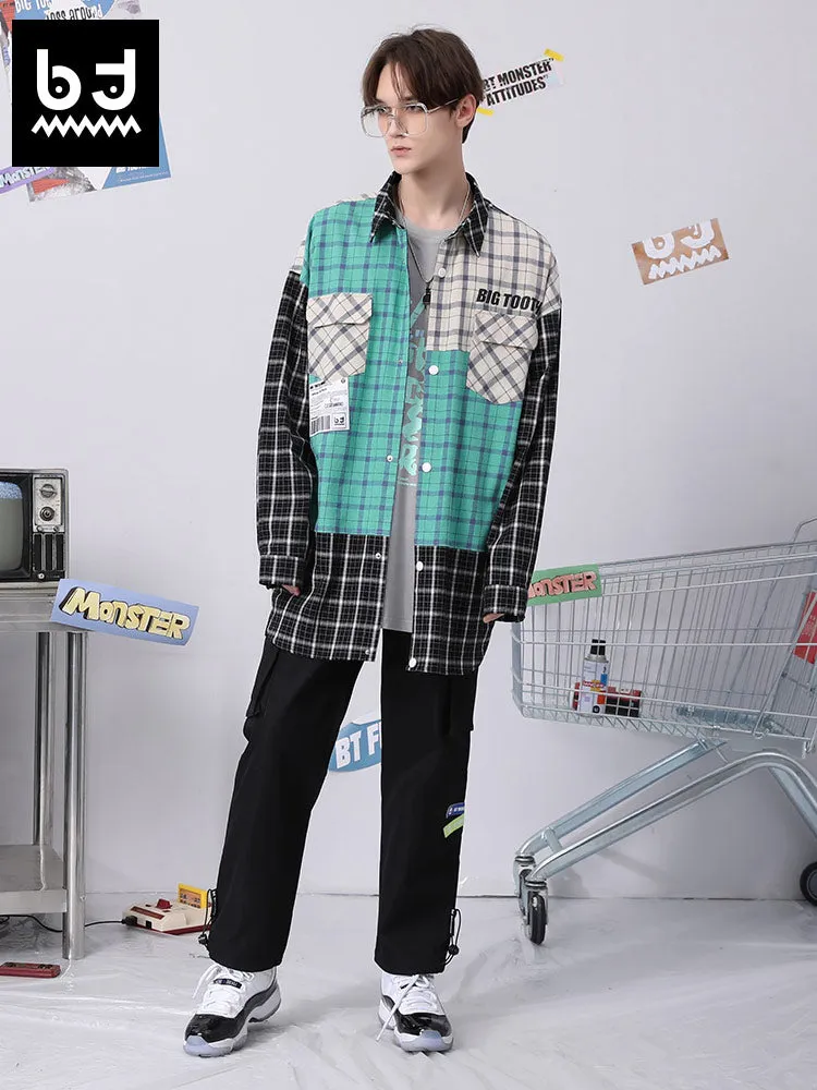 Color contrast patchwork Bigtooth print label irregular hem plaid shirt