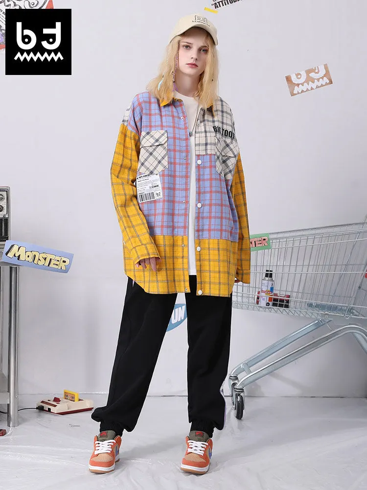 Color contrast patchwork Bigtooth print label irregular hem plaid shirt