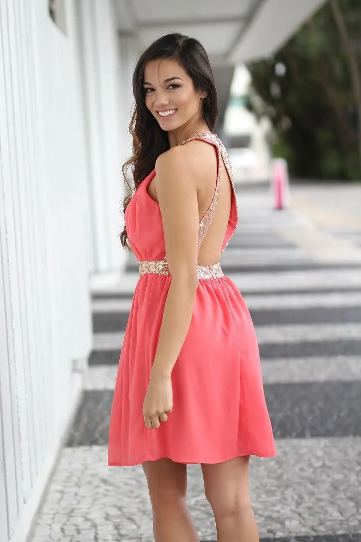 Coral and Gold Sequin Dress