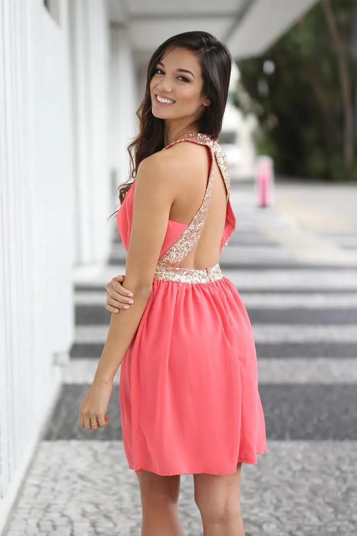 Coral and Gold Sequin Dress