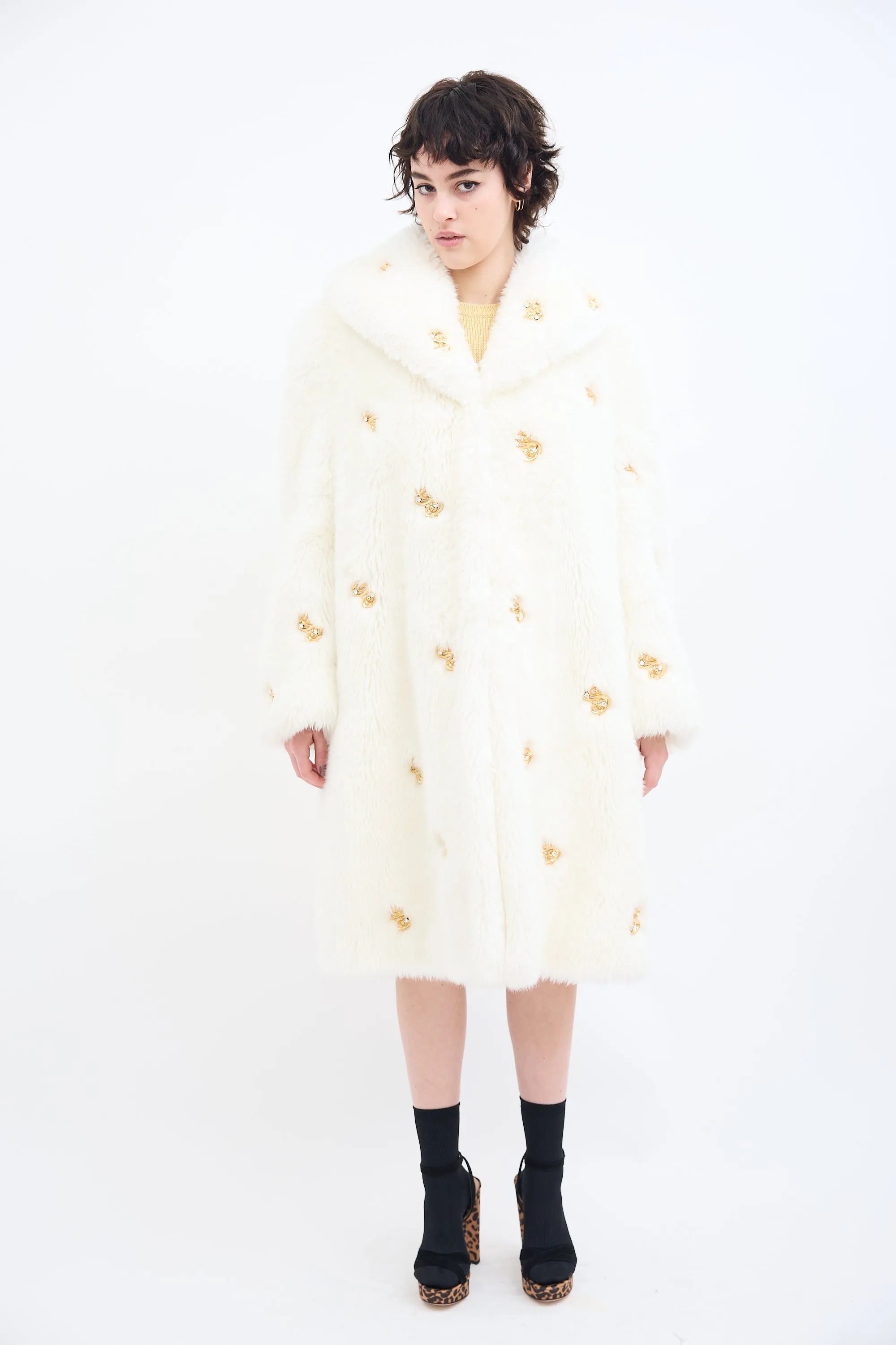 Couture White Faux Fur Embellished Coat