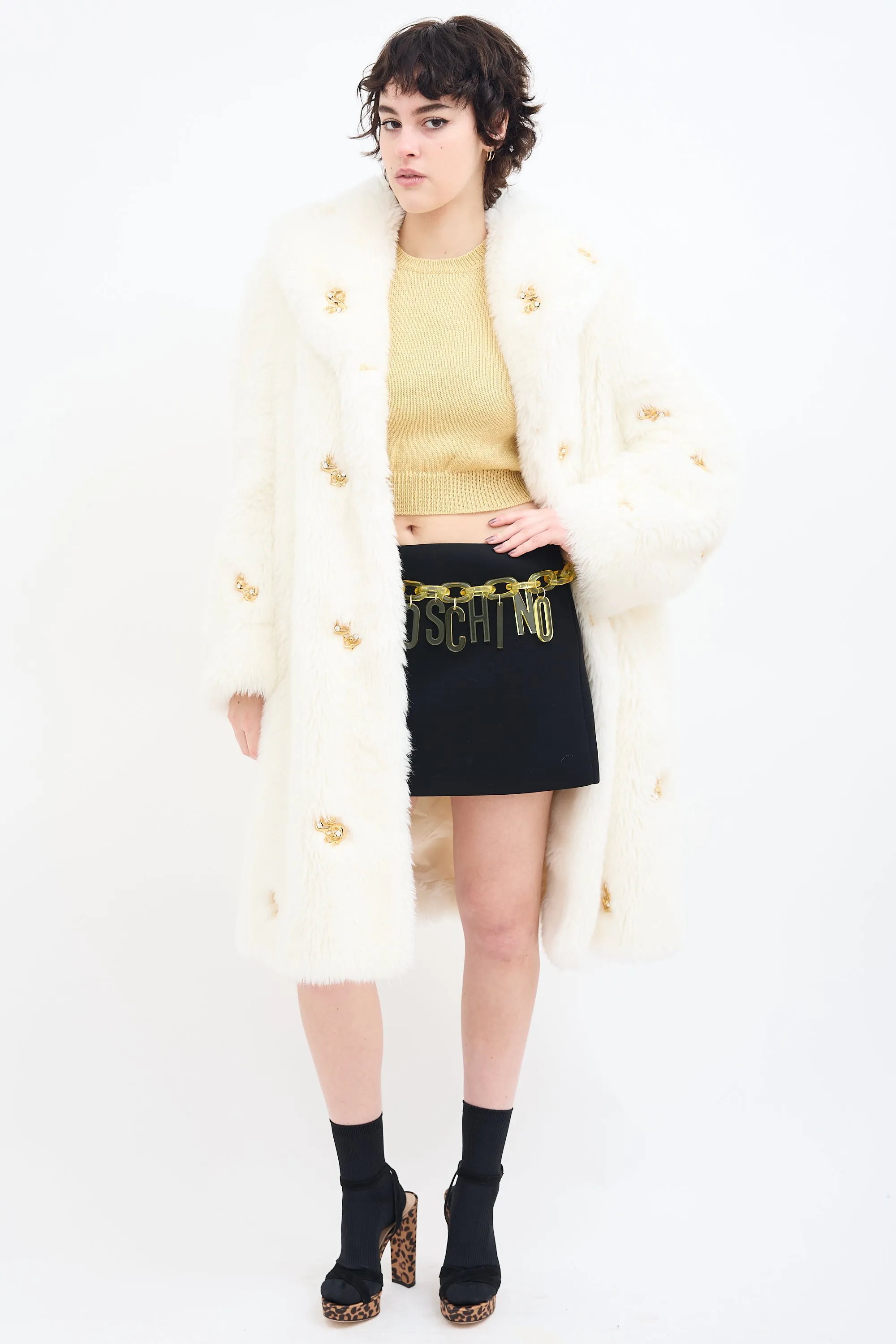 Couture White Faux Fur Embellished Coat