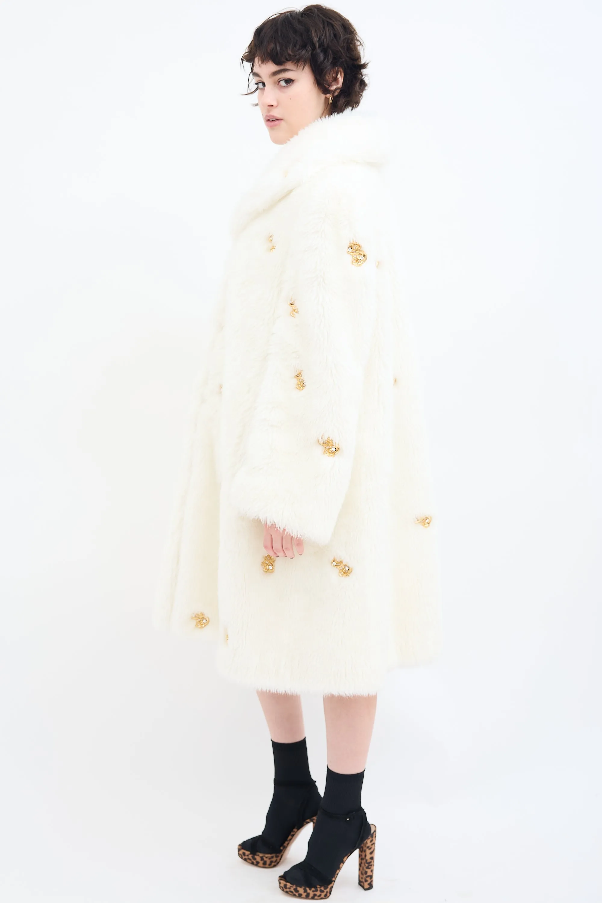 Couture White Faux Fur Embellished Coat