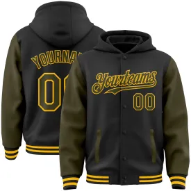 Custom Black Olive-Gold Bomber Full-Snap Varsity Letterman Two Tone Hoodie Jacket