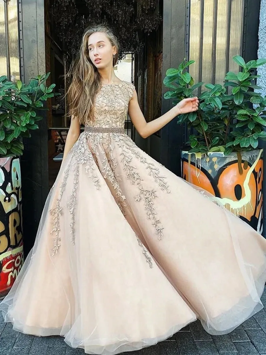 Custom Made Cap Sleeves Champagne Lace Long Prom Dresses, Cap Sleeves Champagne Lace Formal Dresses, Champagne Lace Evening Dresses, Champagne Ball