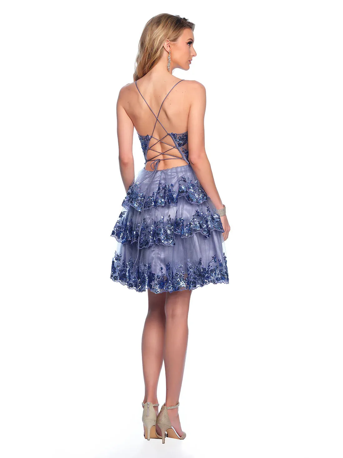 Dave & Johnny 11961 Asymmetrical Ruffle Sequin Homecoming Dress Sheer Corset Cocktail Gown