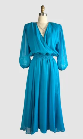 DIANE FREIS 80s Turquoise Silk Chiffon Dress • Small Medium