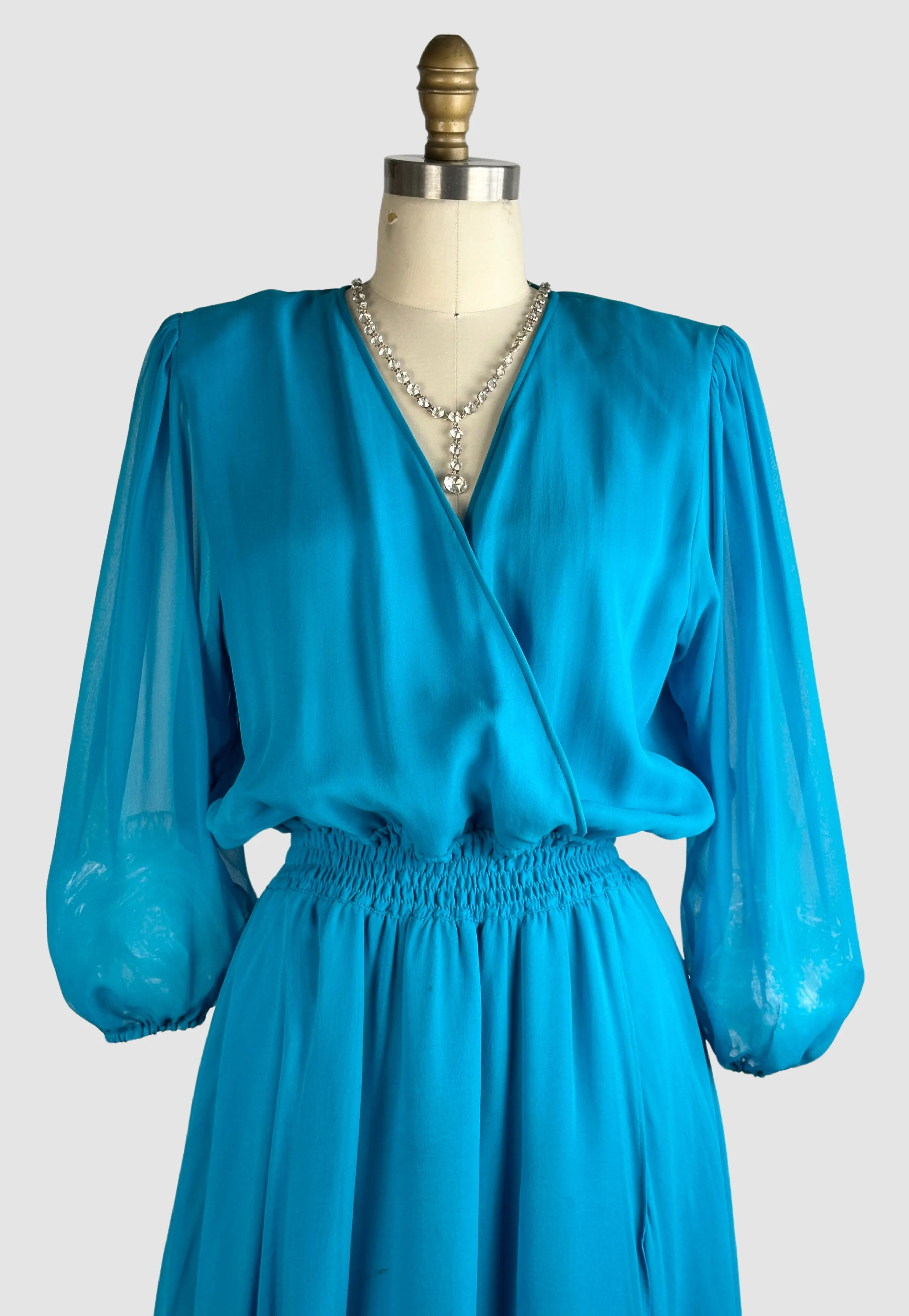 DIANE FREIS 80s Turquoise Silk Chiffon Dress • Small Medium